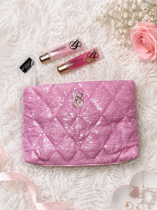 Victoria's Secret Handbags - Victoria’s Secret Pink Sequin Quilted Bag + Sugar High & Kiwi Blush Gloss Set